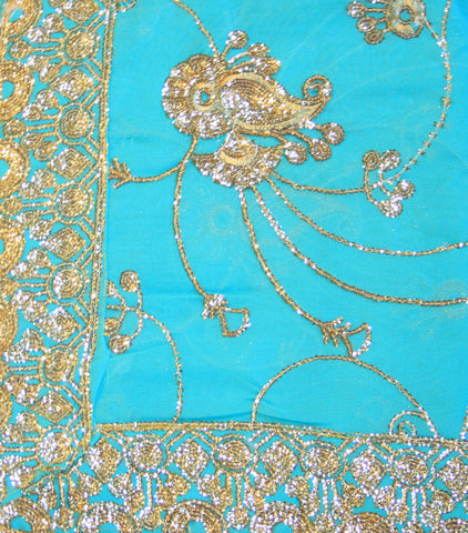 Indian Sari Fabric Electric Teal/Seafoam Green