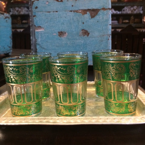 Green with Gold Paisley and Floral motif Moroccan Tea Glasses.