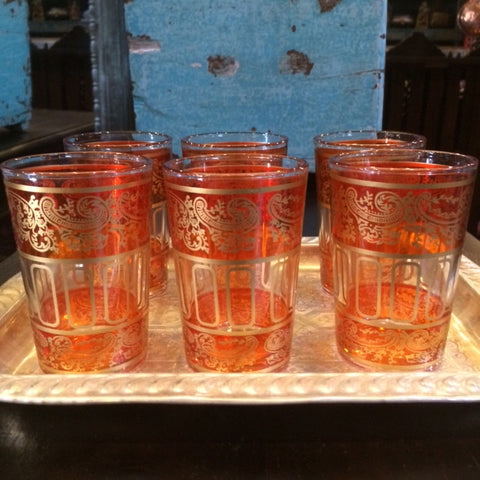 Orange with Gold Paisley and Floral motif Moroccan Tea Glasses