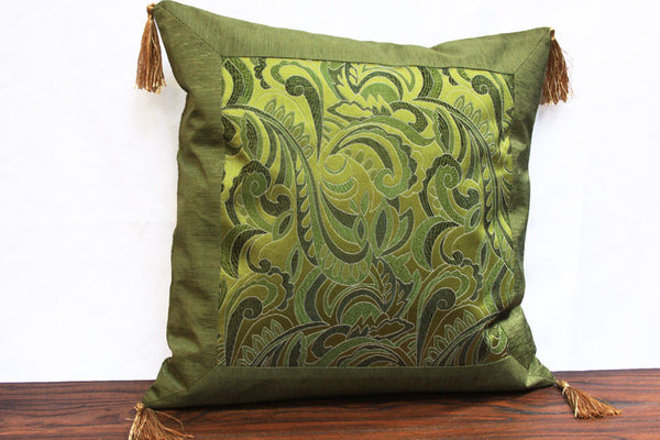 Green Chinese Art Silk Pillow with inside Trim Tara Design