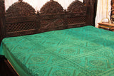 Indian Teal Green Mirrors Embroidered Bed Cover