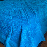 Turquoise Indian Mirrors Embroidered Bed Cover